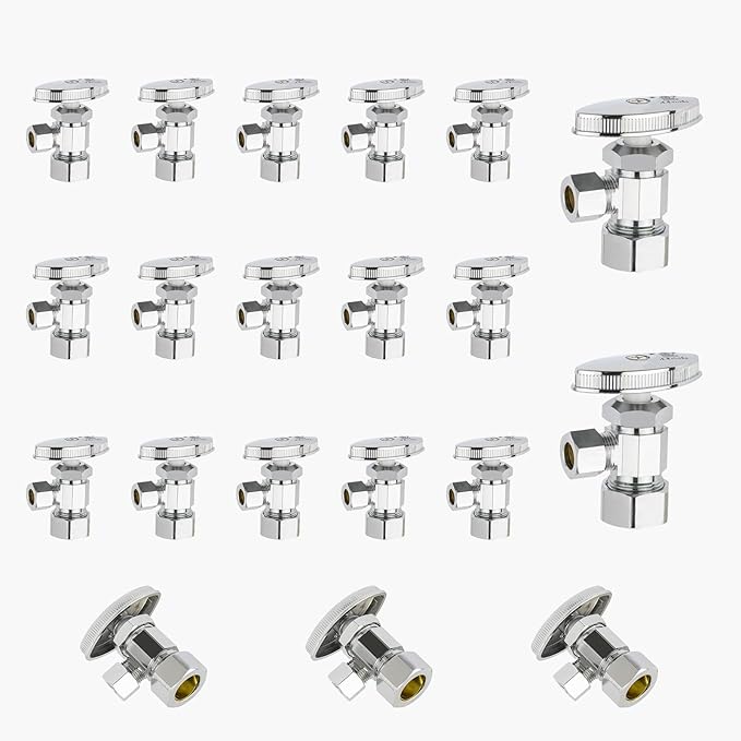20-Pack GUOFIS Angle Stop Valve with Multi-Turn,1/2-Inch Nominal (5/8" OD) Compression x 3/8-Inch OD Compression Water Shut-off Valves(LF Brass Chrome Plate)(VALVE362-20Pack)