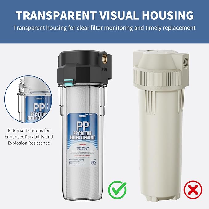 Whole House Water Filter Housing, Fit 10"x2.5" Sediment etc Filters for Well and City Water, Pre-Filtration System for Home, 1/2" Brass Portand includes a 3/4 inch adapter, R-Type O-Ring, Bracketless