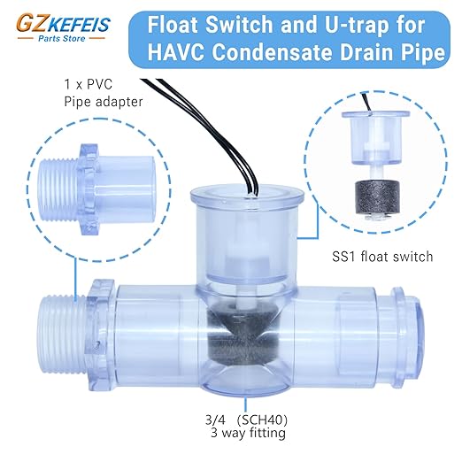SS1 Condensate Overflow Float Switch for HVAC Systems, Upgraded Transparent Blue PVC with 3/4 Inch Adaptor and 6FT Wire