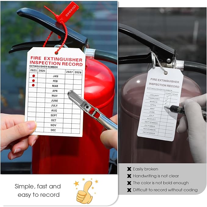 Chunful 101 Pieces Monthly Fire Extinguisher Inspection Tags 2025 to 2028 Maintenance Tags Plastic Tamper Seals Numbered Security with Handheld Hole Puncher(White)