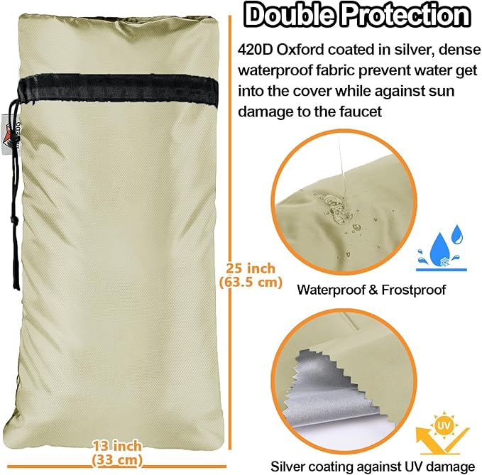 XXL Outdoor Faucet Covers for Winter, 3M Thinsulate Sprinkler Freeze Protector, 25”H x 13”W for Garden Lawn Faucets and Yard Hydrant, Waterproof Insulated Spigot Cover, Reusable Faucet Sock - Sand