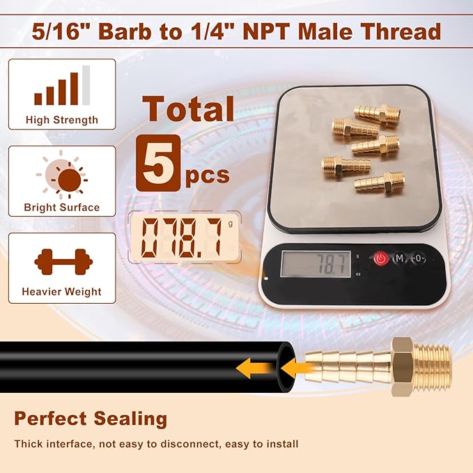 5pcs Brass Hose Barb Fittings 5/16 Inch Barb to 1/4 Inch NPT Male Thread Air Hose Fittings Adapter Connector Water Fuel Air Line Fittings 5/16” × 1/4” NPT Brass Fittings