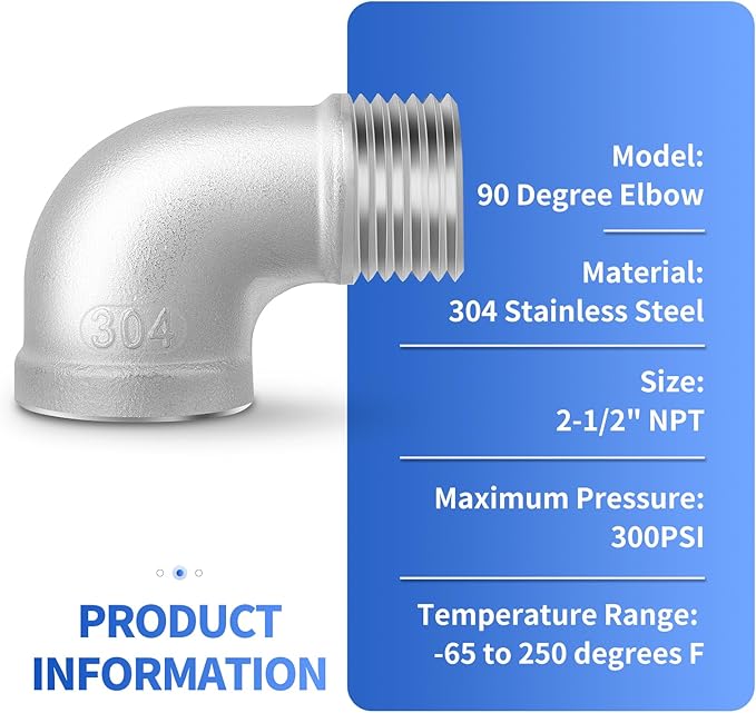 TAISHER 1PCS 304 Stainless Steel 90 Degree elbow,2-1/2" NPT Male Pipe to 2-1/2" NPT Female 304 Stainless Steel Pipe Fitting