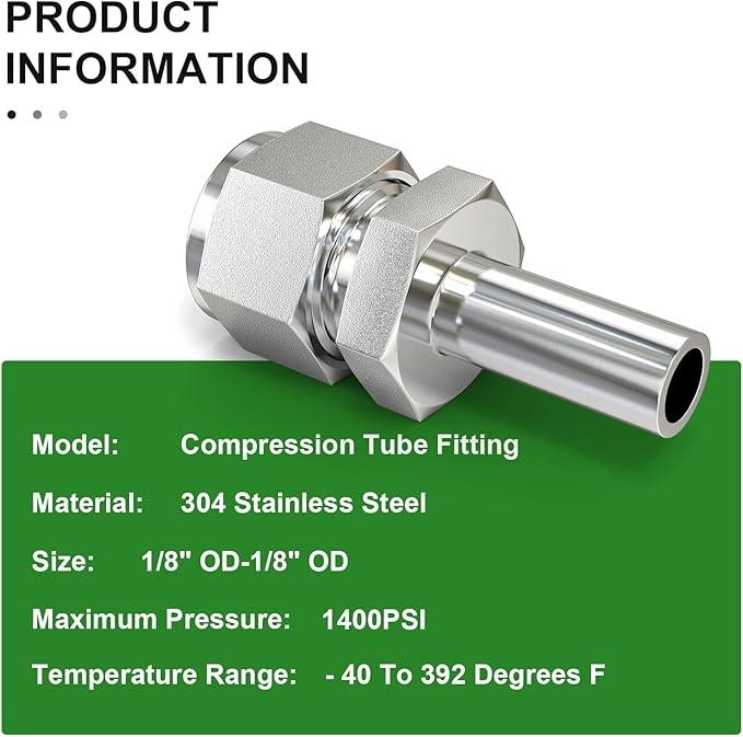 TAISHER 1PCS 316 Stainless Steel Weld Compression Tube Pipe Fitting Connector, 1/8" Tube OD Straight Adapter