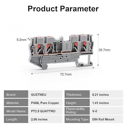 12Pcs PT2.5 Quattro Terminal Blocks, 4 Conductors DIN Rail Mounted Terminal Block, Wire Spring Connection Push in Conductors Wire Connector, CE