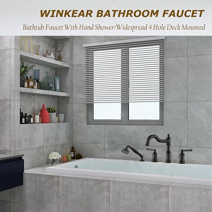 Roman Bathtub Faucet Set With Hand Shower 4 Hole Deck Mount Tub Filler With Diverter, 2 Lever Handle Rough-in Valve and Water Supply Lines Included for Bathroom Tub, Matte Black