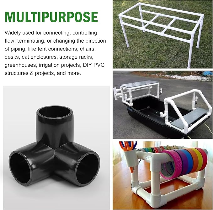 3 Way PVC Pipe Fittings 3/4 Inch, Zernmiarder Black PVC Elbow Corner Side Outlet Tee Fitting, SCH40 Furniture Grade Pipe Connectors - Fits 3/4" Polyvinyl Chloride Pipes, 12 Pieces