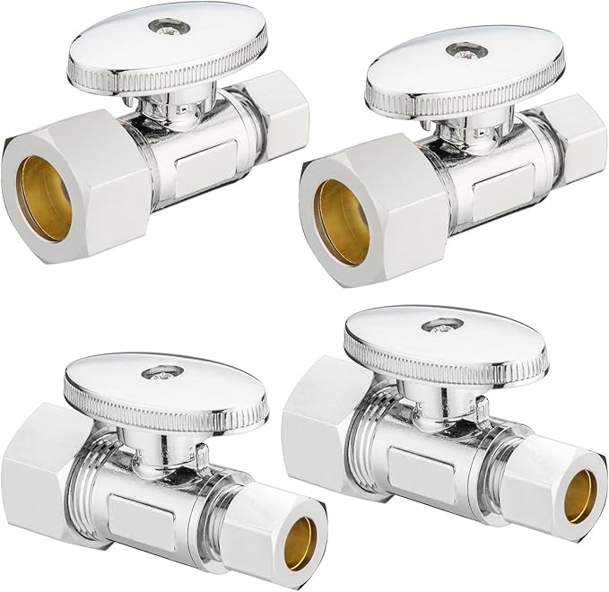 (4 Pack) Lidertik 5/8 inch Compression (1/2 inch Normal Pipe) Straight Stop Valve 1/2 inch x 3/8 inch Compression for Water Sink Toilet Bathroom Sink Brass Plated Chrome 1/4 Turn Valve JF-COMP-S(4PCS)
