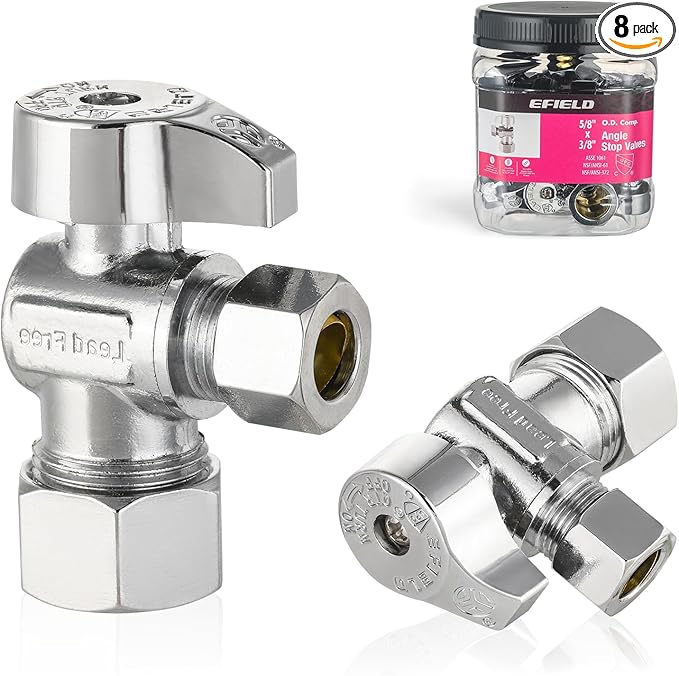 Pro 8-Pack EFIELD Angle Stop Valve 1/2" Nominal (5/8" OD) Compression x 3/8" OD, 1/4-Turn, Heavy-duty, Chrome Plated LF Brass,(VALVE371)