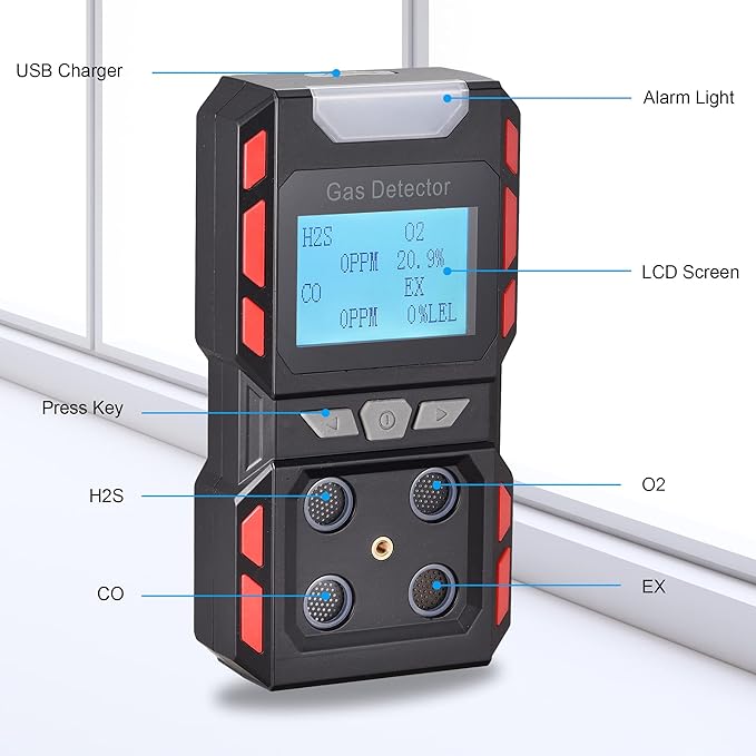 Portable Gas Leak Detector, Handheld Voice Type 4 Gas Monitor with Digital Display, Rechargeable Battery Powered Multi Gas Detector Test Meter (Black)