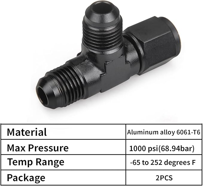 6AN Flare Male Tee Fitting Adapter with AN6 Female Swivel on Run Aluminum 2Pcs