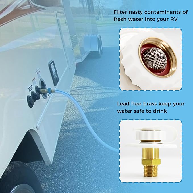 RV Water Inlet Connection City Water Fill Inlet Flange Brass with Check Valve RV Water Hose Connector Replacement 1/2" NPT Male City Water Fill Flange City Water Hookup for Camper (White)