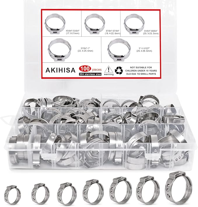 AKIHISA 100Pcs 5 sizes Single Ear Hose Clamps, 21-28.6 mm 304 Stainless Steel Pex Crimp Rings Kit, Crimp Hose Clamp Assortment Set for Securing Pipe Hoses and Automotive Use