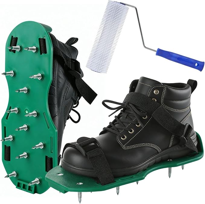 Premium 9 Inch Self Levelling Screed Spiked Paint Roller Kit with Handle + 1 Pair of Spiked Shoes for Garage Floor Epoxy Cement Shoes, Concrete Tools, Essential Tiling Finishing decking Compound rake