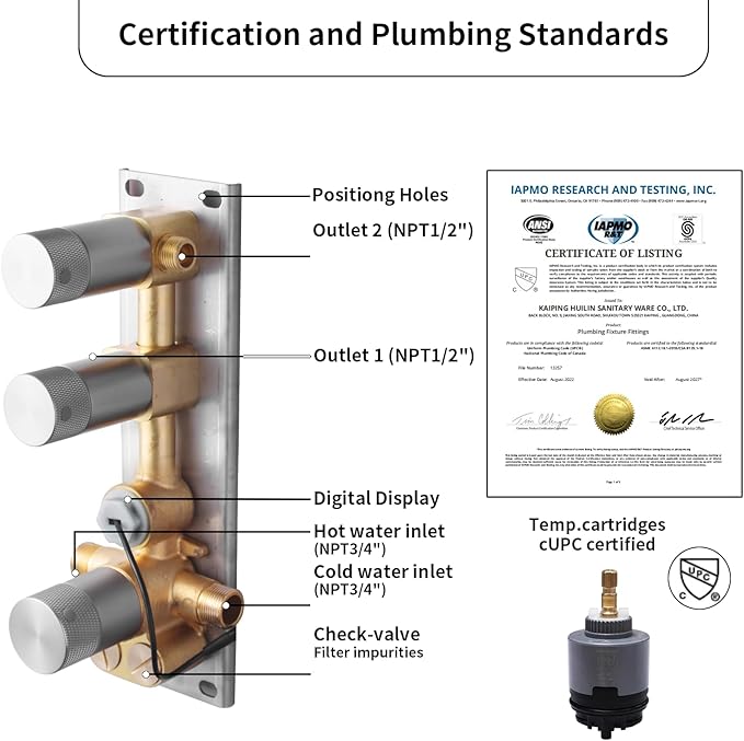 2 Way Shower Diverter Valve Brass 2 Functions Digital Temperature Display Thermostatic Shower Mixing Kit 3 Handle Flow Cotrol Valve, Can Run Simultaneously (Brushed Nickel)