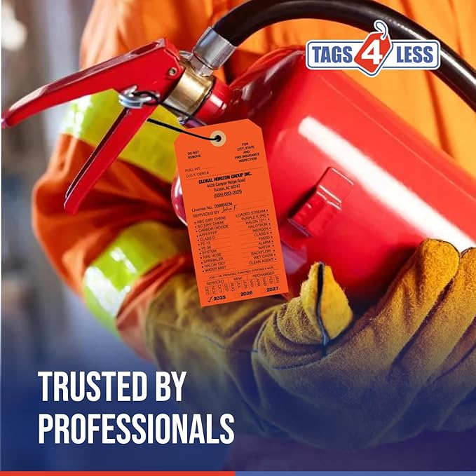 Tags 4 Less Custom Fire Extinguisher Tags – Preventative Maintenance Labels for Monthly Inspections, Alternative to Safety Sticker for Easy Record-Keeping – Pack of 100 (Orange, Cardboard)