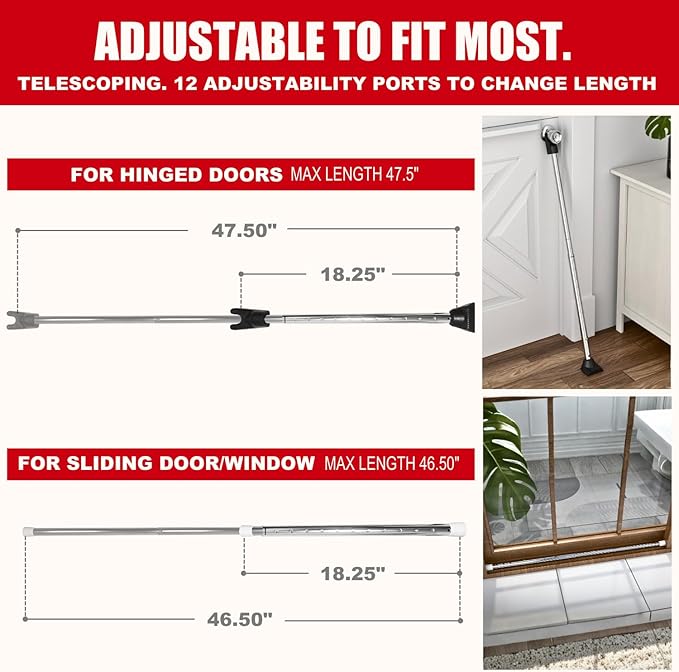 Door Stoppers Security Bar, SECURITYMAN 2 in 1 Adjustable Door Security Bar & Sliding Door Security Bar - Heavy Duty Door Lock Stick Jammer for Apartment, Dorm, Front Door Inside Safety Must Haves