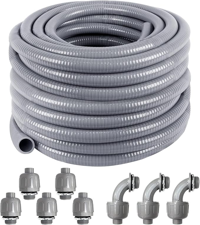 Liquid-Tight Conduit 100 ft and 8 Pieces of Connector Kit,Electrical Conduit 3/4 100ft UL Certification,Flexible Conduit with 5 Straight and 5 90-Degree Conduit Connector Fittings