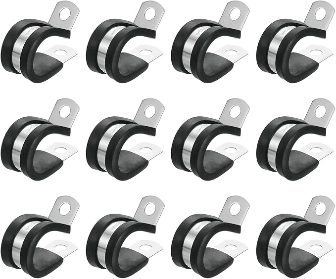 uxcell 3/4"(18mm) Cable Clamp, 304 Stainless Steel Rubber Cushioned Insulated Clamp R Shape Metal Clamp Tube Holder for Pipe Hose Wire Cord Installation 12Pcs