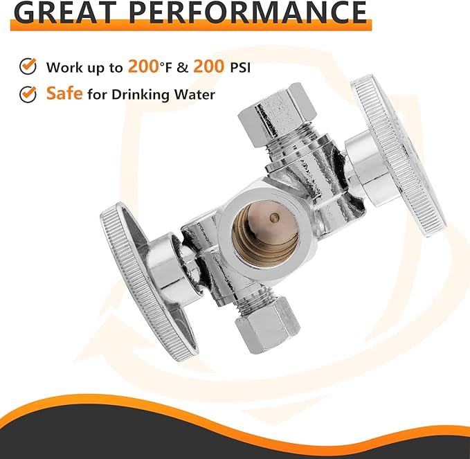 10-PCs HeSun Dual Shut Off Angle Valve, 1/2" Nominal (5/8"OD) x 3/8" OD x 1/4" OD Compression, 1/4-Turn Stop Valve with 2 Shut Offs, PEX Chrome Plated Brass(VALVE137-10)
