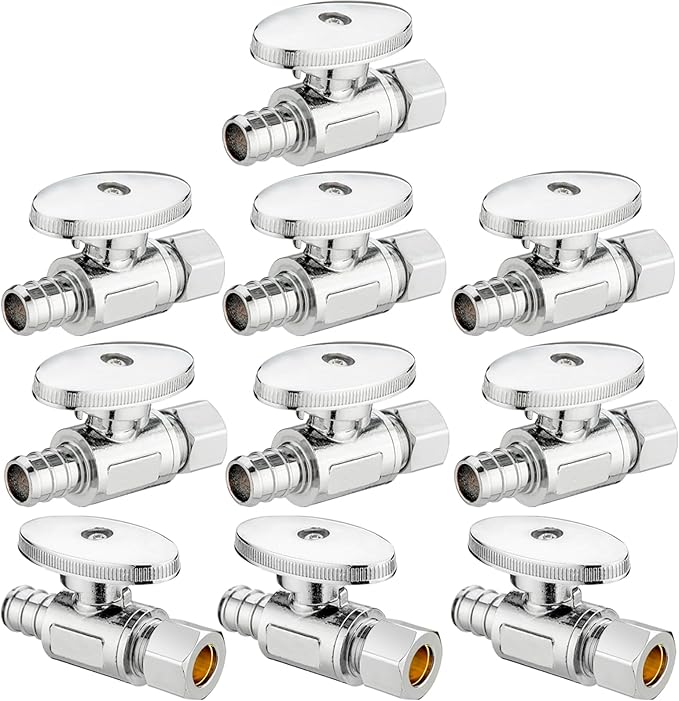 (10 Pack) Lidertik 1/2 inch Straight PEX-B Angle Stop Valve 1/2 inch x 3/8 inch Compression for Water Toilet Bathroom Sink Brass Plated Chrome 1/4 Turn Valve LI-JF1-1807-S(10 PCS)