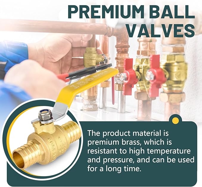 5 Pack Ball Valves, 1" Pex Crimp Shut Off Valve Yellow, Brass Full Port Pex B Shut Off Ball Valve for Hot and Cold Water, NSF/ANSI 61 Certified