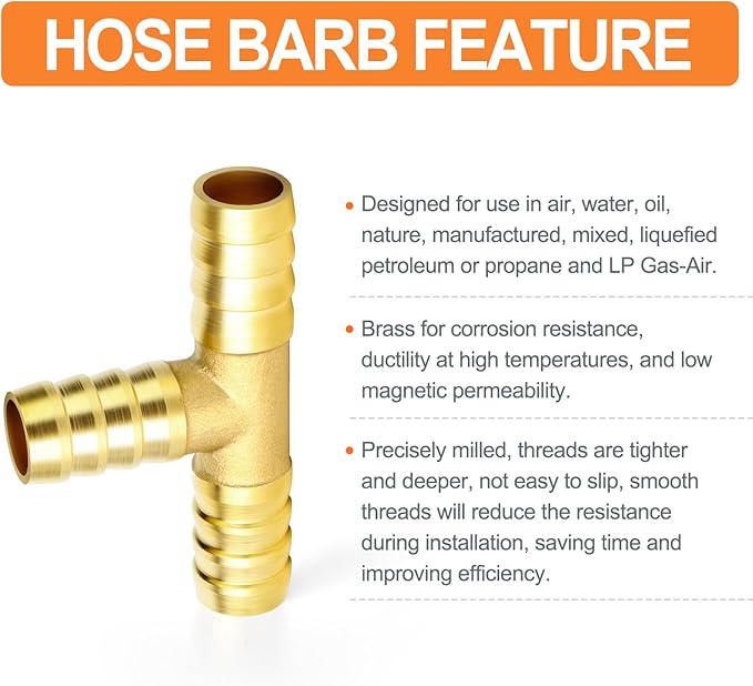 GASHER 10 Pieces Brass Hose Barb Tee, 3-Way Tee Hose Fitting (1/4" x 1/4" x 1/4" Hose Barb)