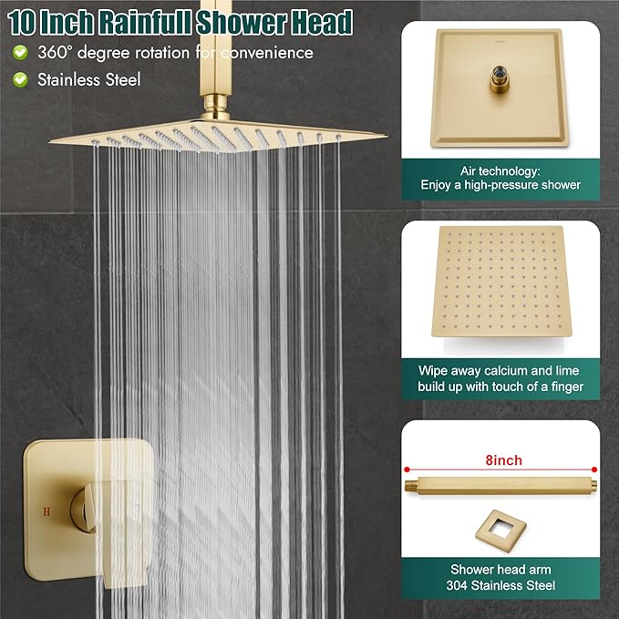 Heyalan Shower Faucet Set Square Stainless Steel Bathroom Rainfall Shower System One Handle Single Function Shower Trim Kit with Rough-in Valve Male Thread,Ceiling Mount,10 Inch,Brushed Gold