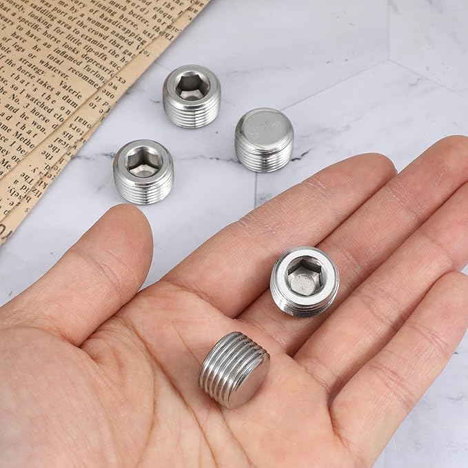 5 PCS 3/8" NPT Male Pipe Plug Stainless Steel Pipe Plug Fitting Set Hex Counter Sunk Pipes Plugs for Closing the End of Pipes, Internal Hex Socket Thread Socket Plugs Kit
