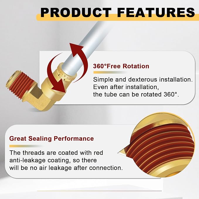 Siptenk 1/4" Elbow DOT Brass Push to Connect Air Line Fittings 5 PCS, 1/4" OD Tube x 1/4" NPT Thread Air Brake Line Quick Connect Fittings for Truck Trailers Industry Air System