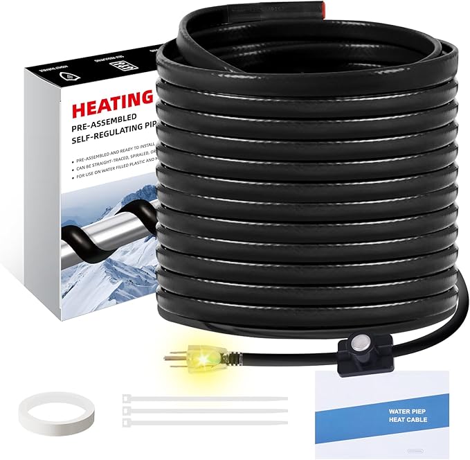 100FT Heat Cable for Water Pipes, Prevent Freezing & Easy Installation, Water Pipe Heat Cable with Thermostat Self-Regulating, Pipe Heating Trace System 120 V