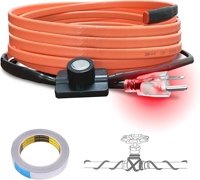 Cupohus Heat Tape for Water Pipes with Thermostat 12FT, Freeze Protection Self-Regulating Heat Trace Cable for Metal, Plastic Home Pipes, Roof and RV, 110-120V