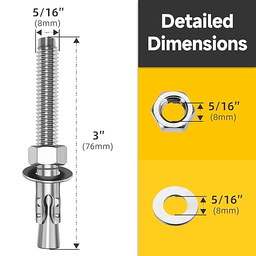 Mywish 5/16 x 3 Inch Wedge Anchors, 10Pcs 304 Stainless Steel Industrial 5/16 Heavy Duty Industrial Masonry Wdege Anchor Bolts for Brick Cement and Concrete, Bright Finish