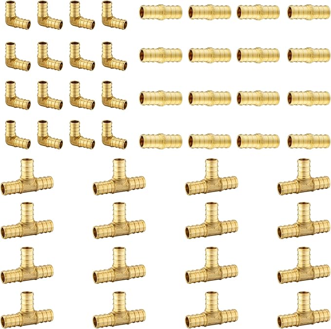 48 Pack Foskan 3/4 Inch PEX Brass Fittings Set, 16 PCS Each,Includes Elbows Tees Straight Couplings, PEX Crimp Barb Fitting Kit