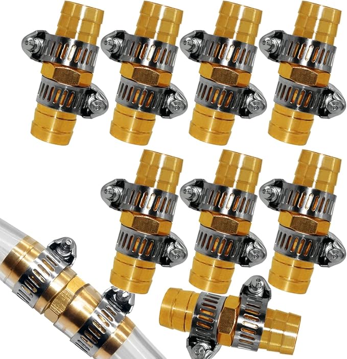 8 Pieces 5/8 Inch Garden Hose Repair Mender Brass Water Hose Repair Kit Fitting Conectors Splicer With 16 Pieces Stainless Clamp