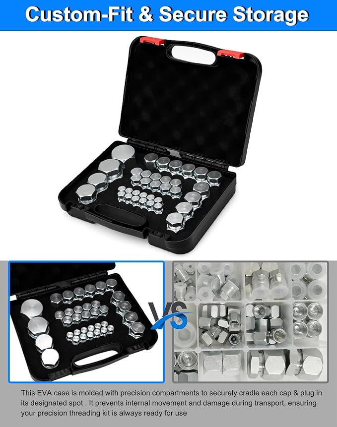 JIC Plug and Cap Kit, 72Pcs 37 degree Flare thread cap & plug assortment set, Hydraulic hose tube and pipe fittings set end protection for industrial equipment repair, size 4 6 8 10 12 16