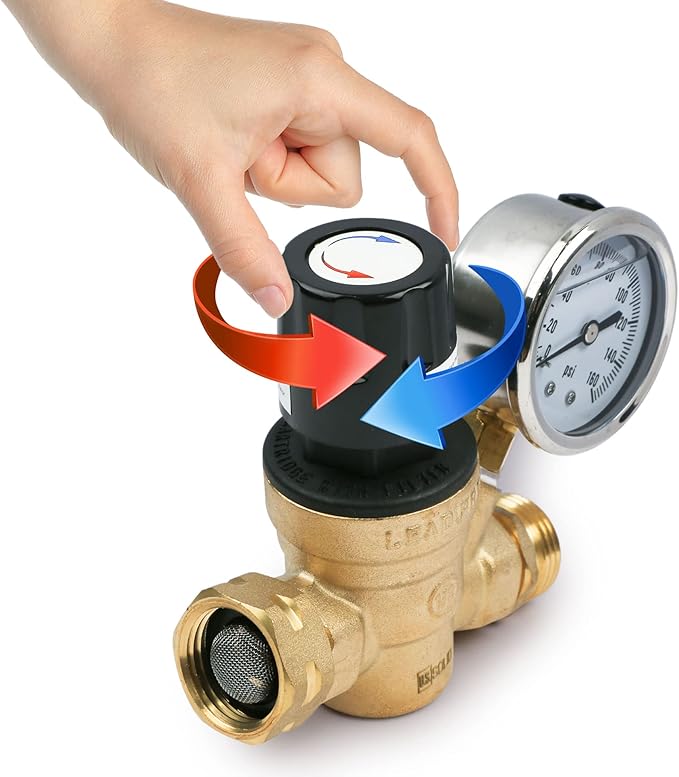 U.S. Solid 3/4" GHT RV Water Pressure Regulator, Handwheel Adjustable Lead-Free Brass Regulator Valve with Gauge & Filter for RV, Camper & Garden Hose