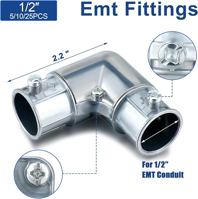 Gisafai 25 Pcs EMT Conduit Fittings Inside Corner Pull Elbow, EMT 90 Degree Metal Conduit Capped Corner Coupling, Combo Head Set Screw, Zinc Die Cast, Silver (1/2 Inch)