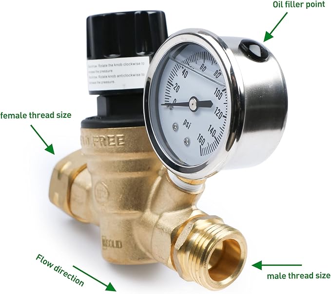 U.S. Solid 3/4" GHT RV Water Pressure Regulator, Handwheel Adjustable Lead-Free Brass Regulator Valve with Gauge & Filter for RV, Camper & Garden Hose