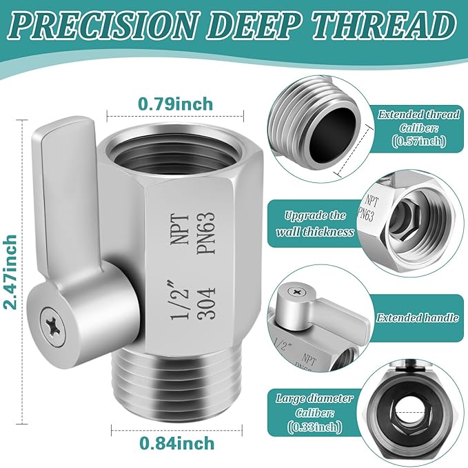 [2 Pack] Shower Head Shut Off Valve 304 Stainless Steel Mini Ball Valve(1/2" Female X Male) NPT Thread Water Flow Control，RV Shower Head with Hose Flow Restrictor