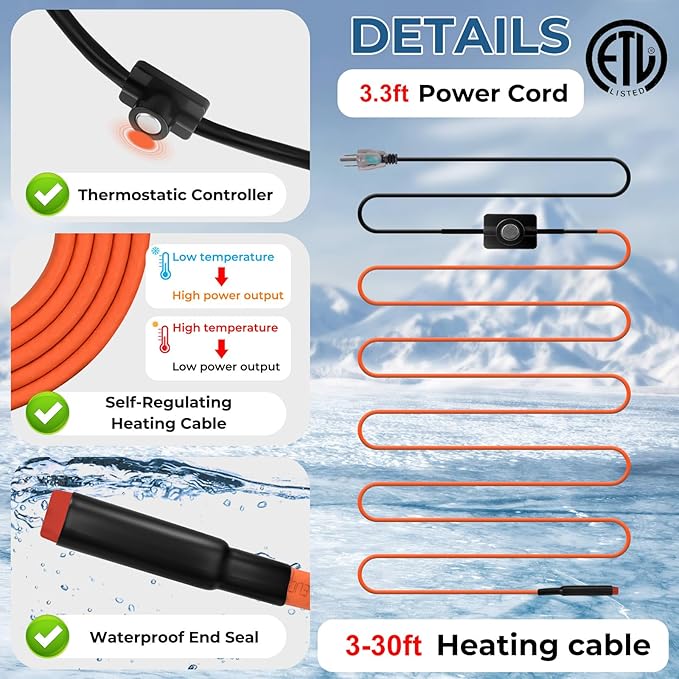 15FT Heat Tape for Water Pipes Freeze Protection IP65 Waterproof 7W/FT 110V BDDFOTO Water Pipe Heat Cable With Thermostat Self-Regulating Pipe Heater for House Garden/RV Camper