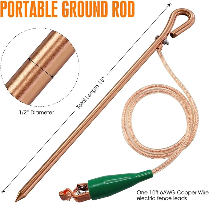Portable Grounding Rod with 10' Long Flexible Bonding Wire with Copper Clip