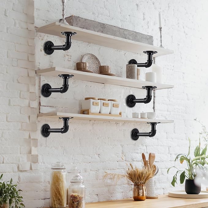 L-Shaped Industrial Pipe Shelf Brackets, Black Metal Wall-Mounted Floating Shelf Supports for 8-14 Inch Plates, Heavy-Duty DIY Rack Supports (4-Pack)