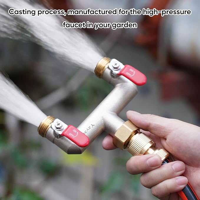 2 Way Garden Hose Splitter, Heavy Duty Brass Nickel Plated Rust Resistant Faucet Manifold, 3/4" Frost Resistant Outdoor Hose Adapter Connector，Hose Spigot Adapter with 2 large red handles