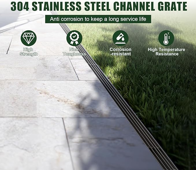 Slot Channel Drain with 304 Stainless Steel Grate-39.4Lx6.3Wx10.9H in. Deep Profile Trench Drain System for Landscaping,Trench Drain for Patio,A15 Hidden Drain Channel with Metal Grate