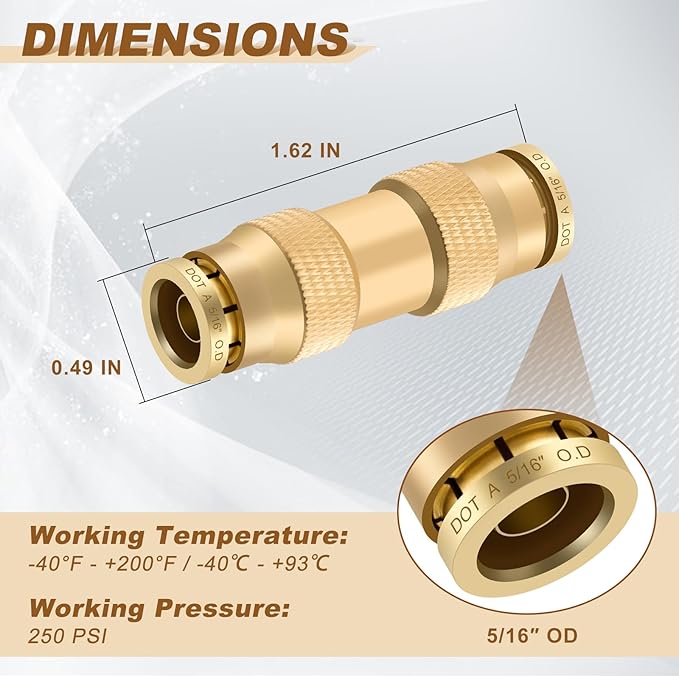 5/16" Quick Push to Connect Fittings Brass Union Straight Joint DOT Approved 5/16 inch tube OD Air Line Adapter Air Spring Suspension Kit for Car Truck Trailers and Air Brake System 10pcs