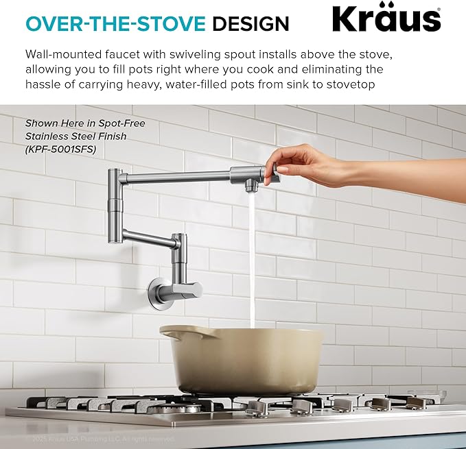 KRAUS Oletto Pot Filler Faucet with Retractable Arm, Wall Mount Kitchen Faucet, Pot Filler for Stove in Spot-Free Brushed Brass, KPF-5001SFBB