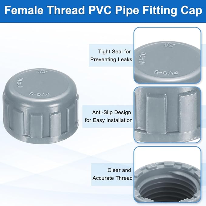 uxcell 5Pcs 1/2 Inch PT Female Thread PVC Pipe Fitting Cap, Cleanout Water Drain End Caps, Pipe Plug Socket Fittings with Tape for Water Heater Supply Lines, Plumbing, Gray