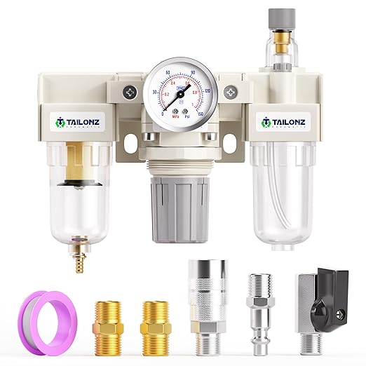 TAILONZ PNEUMATIC 1/4 Inch NPT Manual Drainage 3 in 1 Oil Air Pressure Regulator Filter AC2000-02（0-150PSI） with Lubricator Cup for Air Tools System