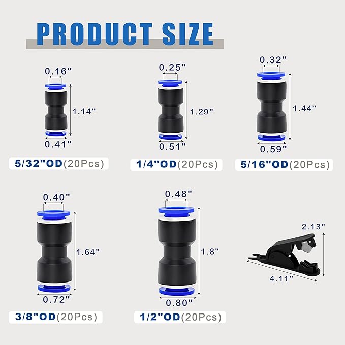 100PCS Push to Connect Fittings Pneumatic Air Line 4 6 8 10 12 mm Straight Push to Link Quick Release Connectors with 1PCS Tube Cutter